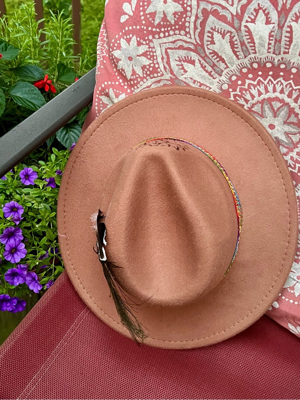 HAND BURNED BROWN FELT RANCHER HAT with FEATHER TRIM - Picture 2 of 13